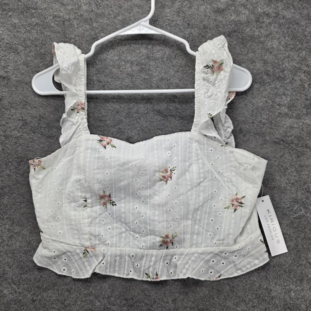 KIRIOUS Tank Cropped Womens M White Sweetheart Neckline Embroidered Ruffle Bow